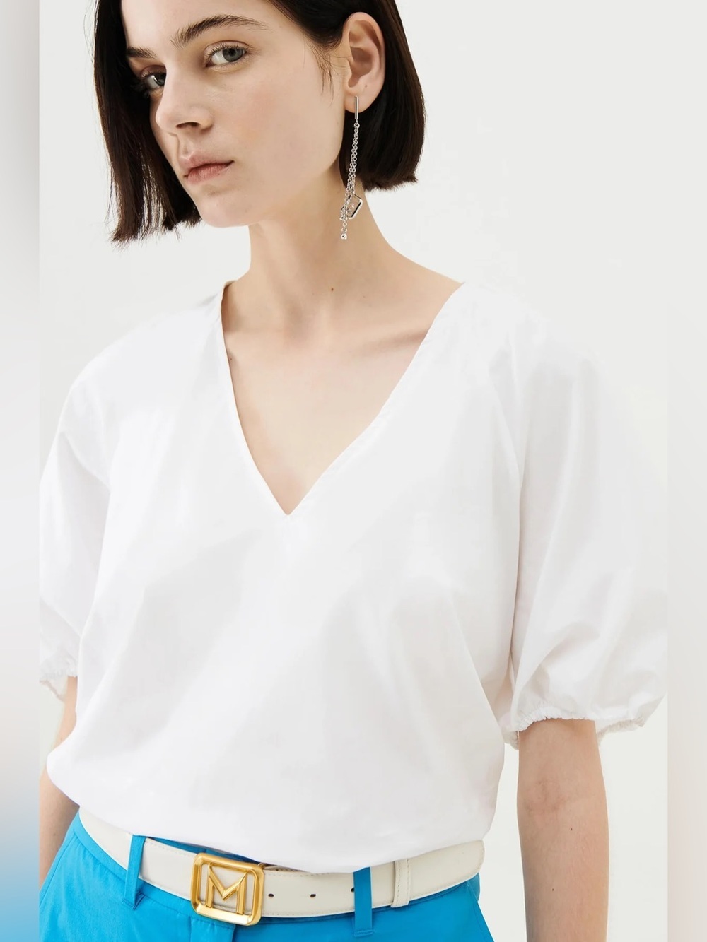 Marella White V-Neck Puff Sleeve Blouse mango poplin coquette cottagecore co